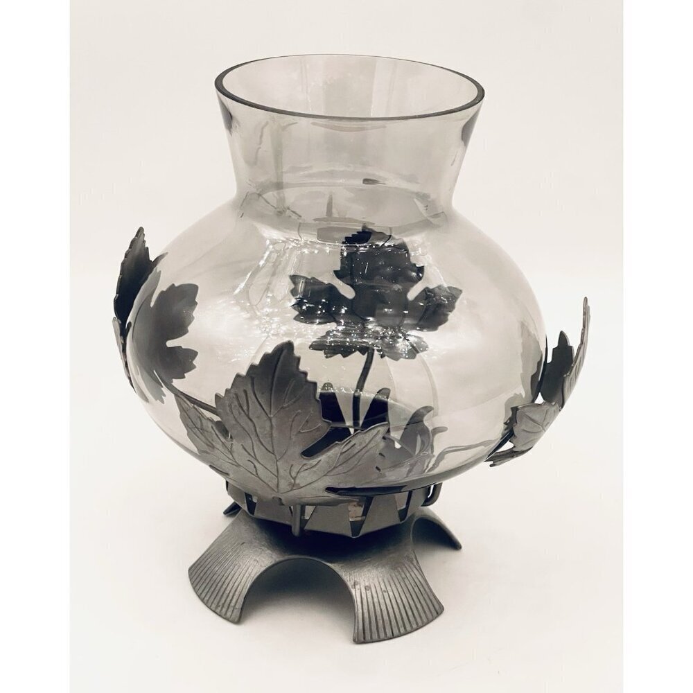 Pewter Maple Leaf Hurricane Pillar Candle Holder 7.25” Smoky Gray Lantern